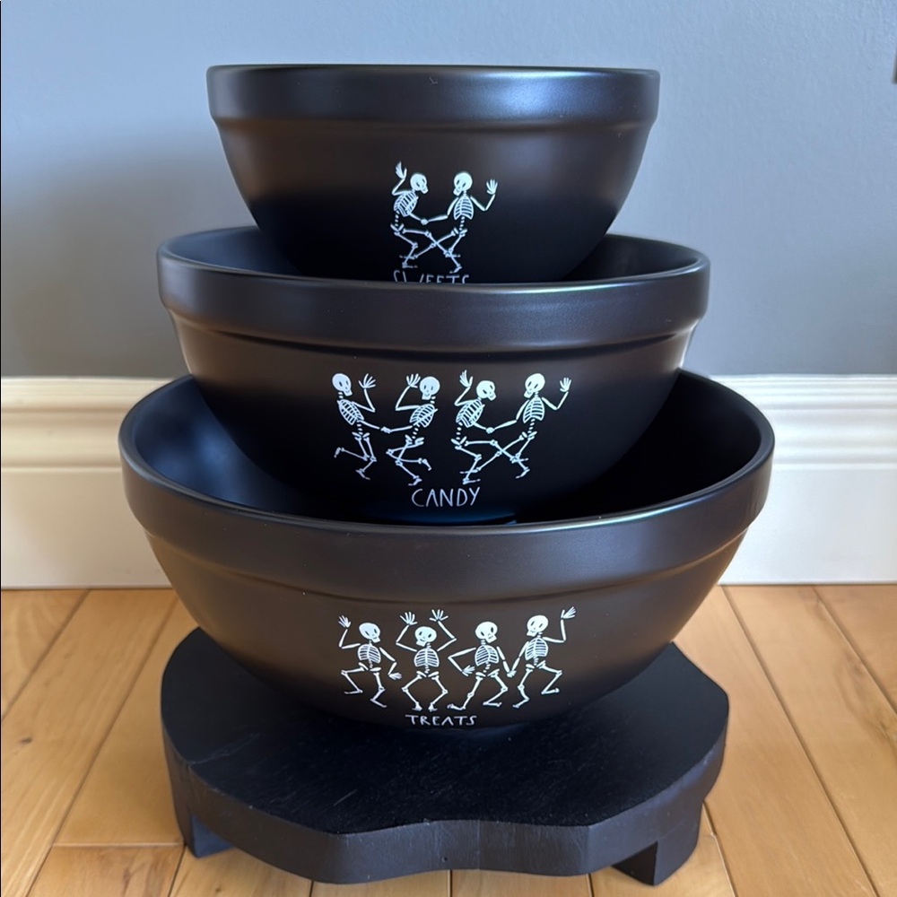Rae Dunn Ceramic Dancing Skeleton Themed Mixing Bowls Set